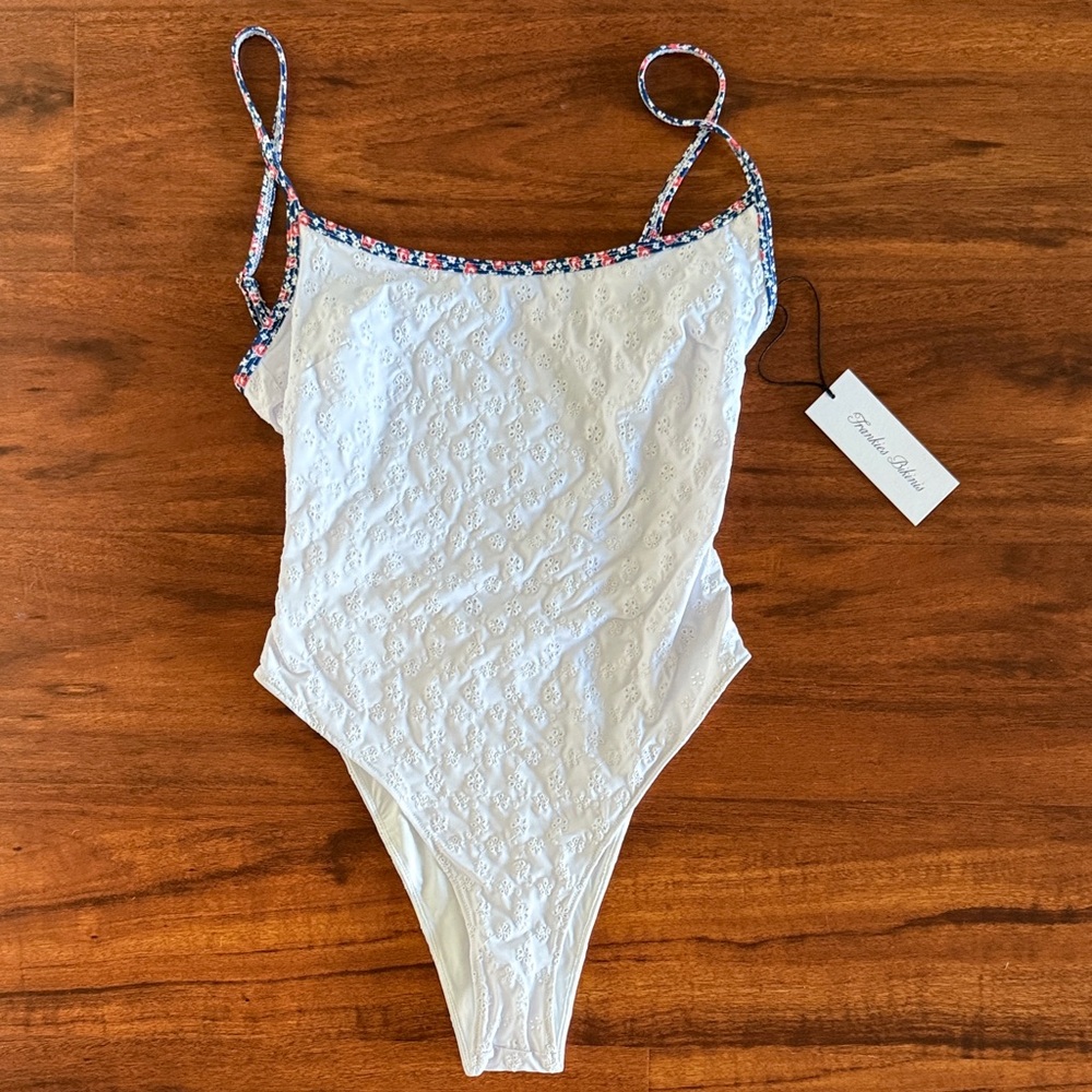 Frankie's Bikinis White Eyelet One-Piece with Floral Trim